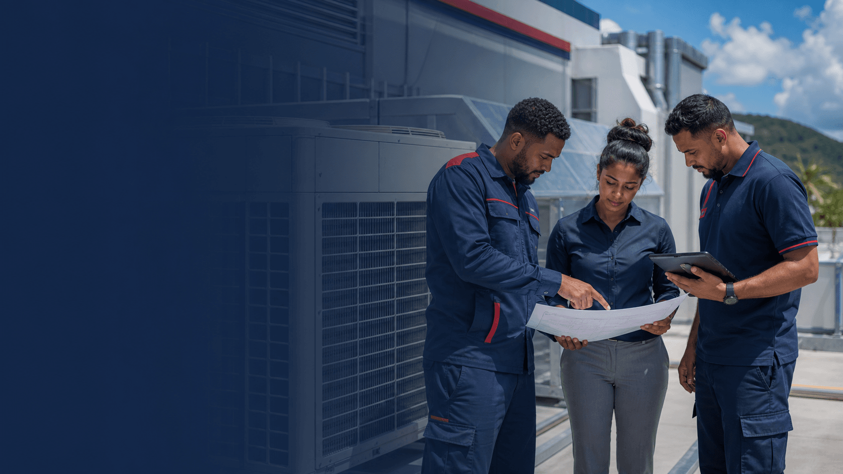Technical team reviewing HVAC service plans beside cooling equipment