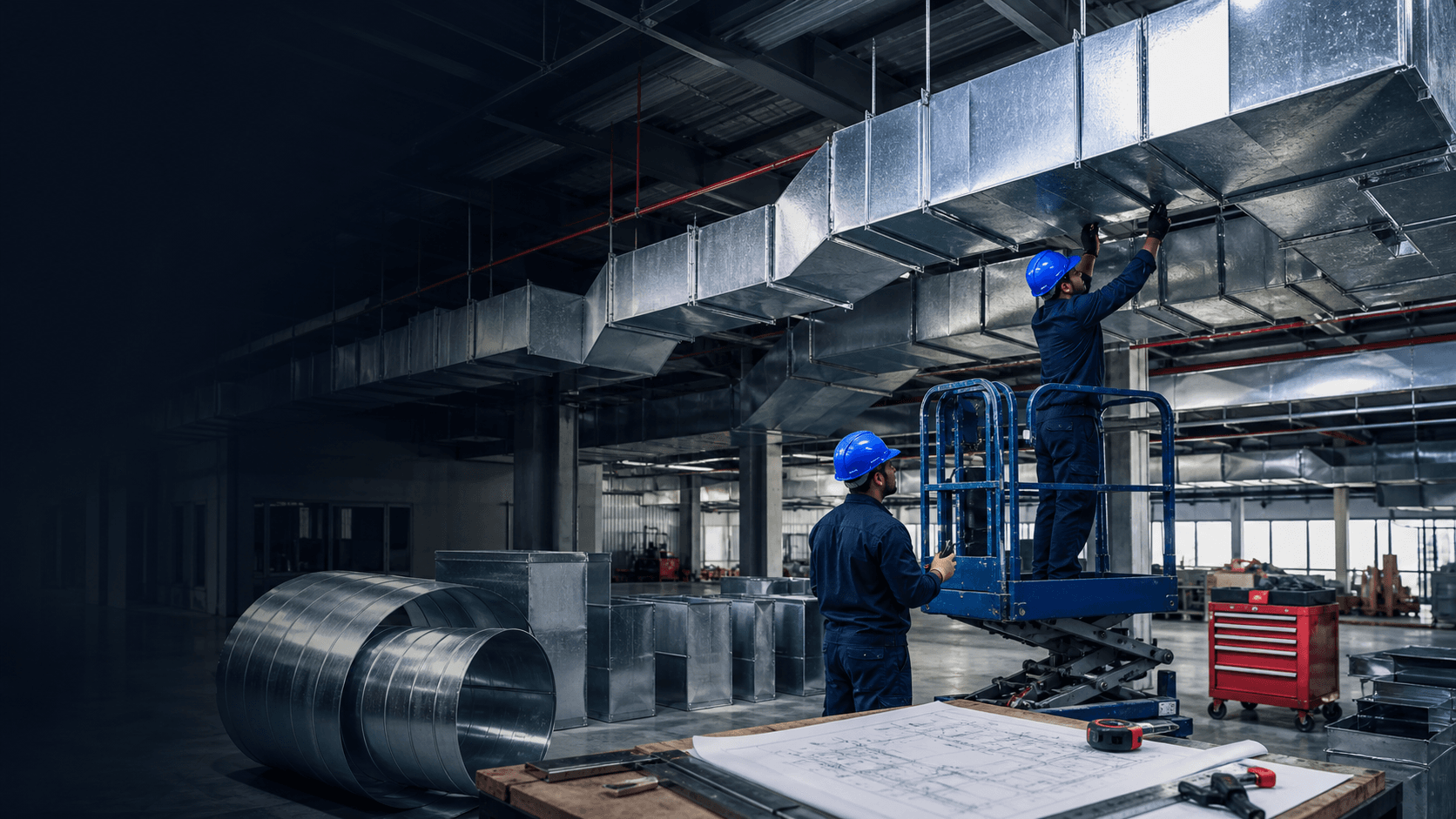 Commercial ductwork installation in a modern industrial facility