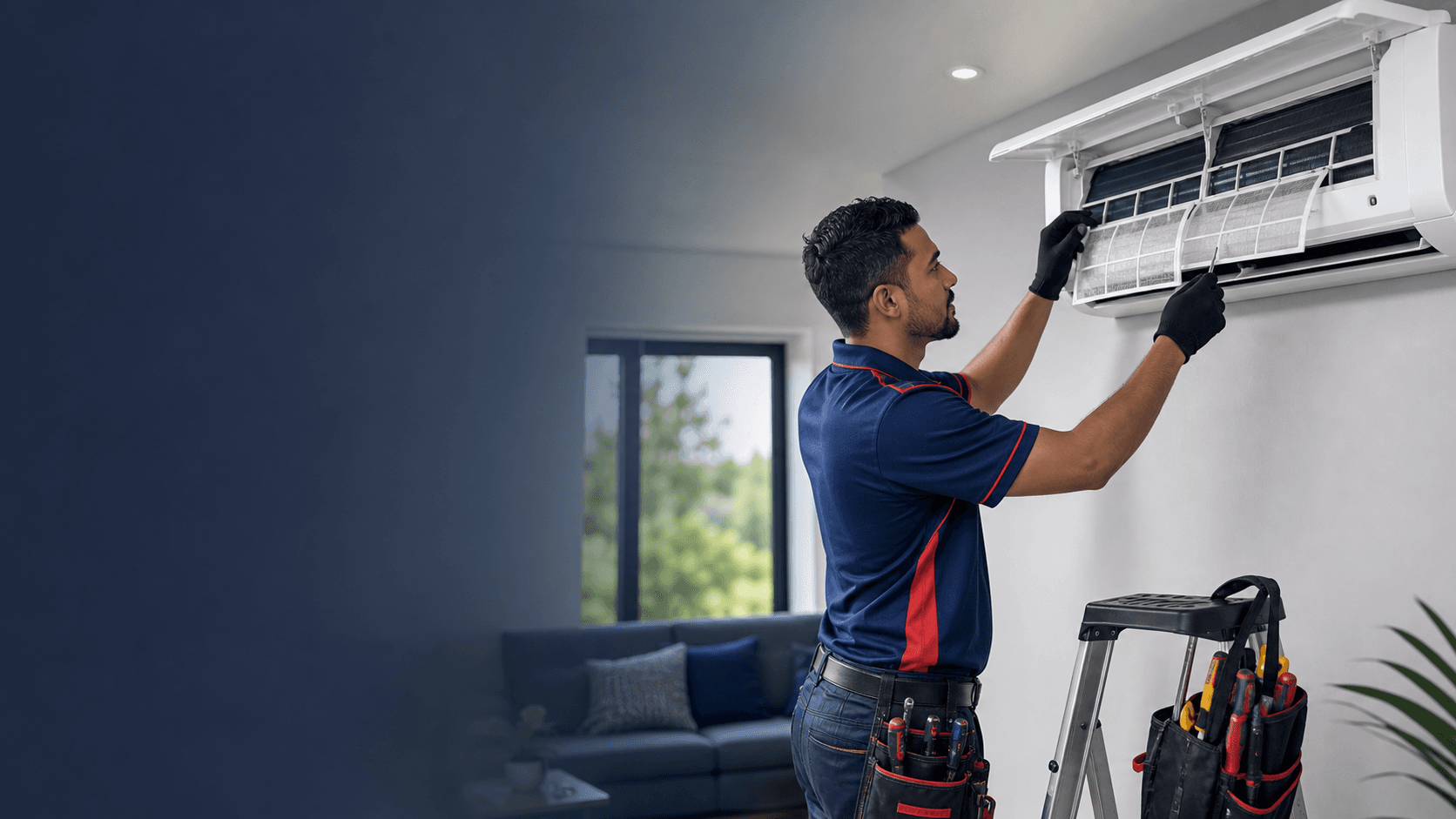 Technician servicing a wall-mounted Air-Conditioning unit