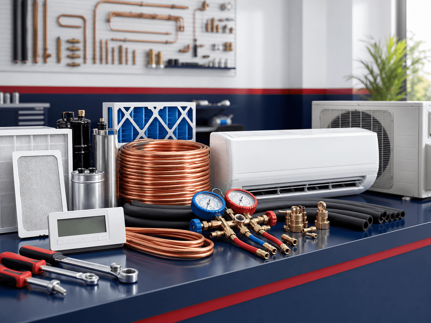 Air-conditioning parts and service tools arranged in a clean technical workshop